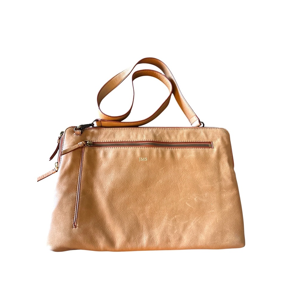 Mark & Graham Tan Leather Monogrammed JMS Crossbody Bag Zippered Pockets